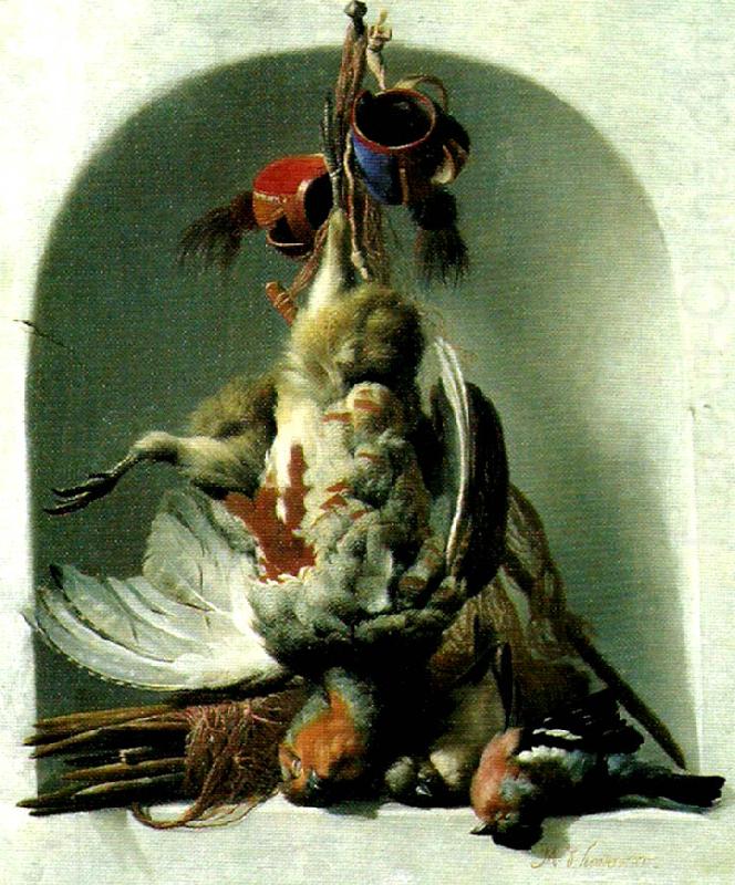 stilleben med faglar och jaktredskap, HONDECOETER, Melchior d
